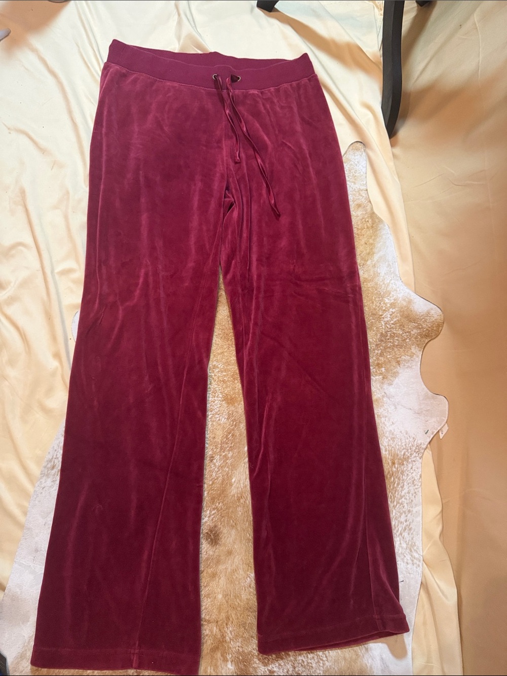 Wide-Leg Velour Pants in Burgundy with Drawstring Waist